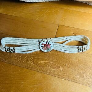 Vtg Stretch Silk Rope BELT with FLORAL Gold tone CLOISONNE/Enamel BUCKLE by YEN